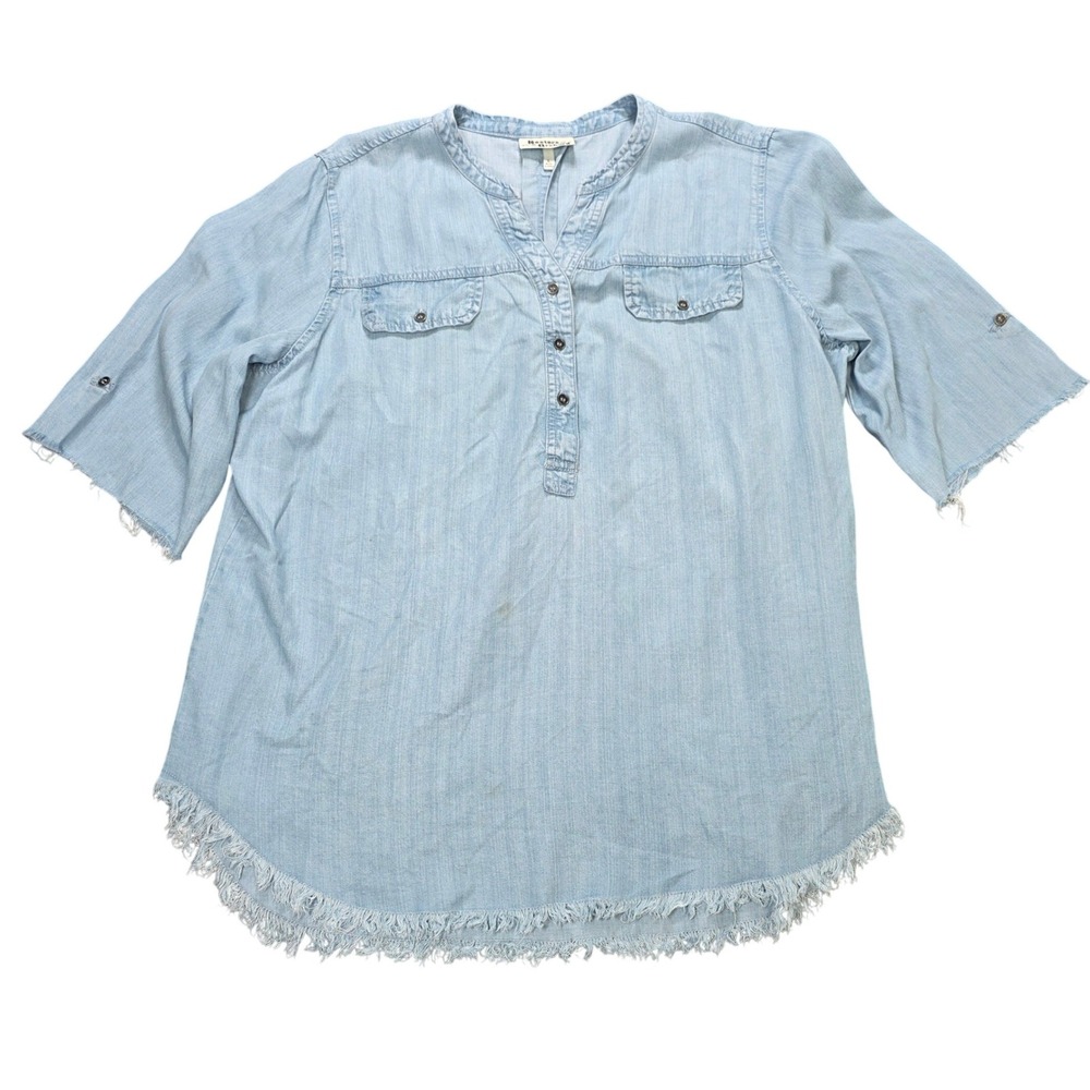Hester & Orchard Tunic Blouse Top Women's Size L Light Wash Tencel Fringe Hem